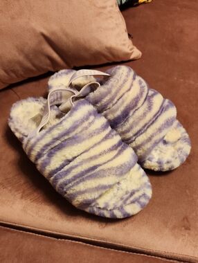 UGG Fuzzy Slide Slippers in Cream and Lavender Zebra Stripe